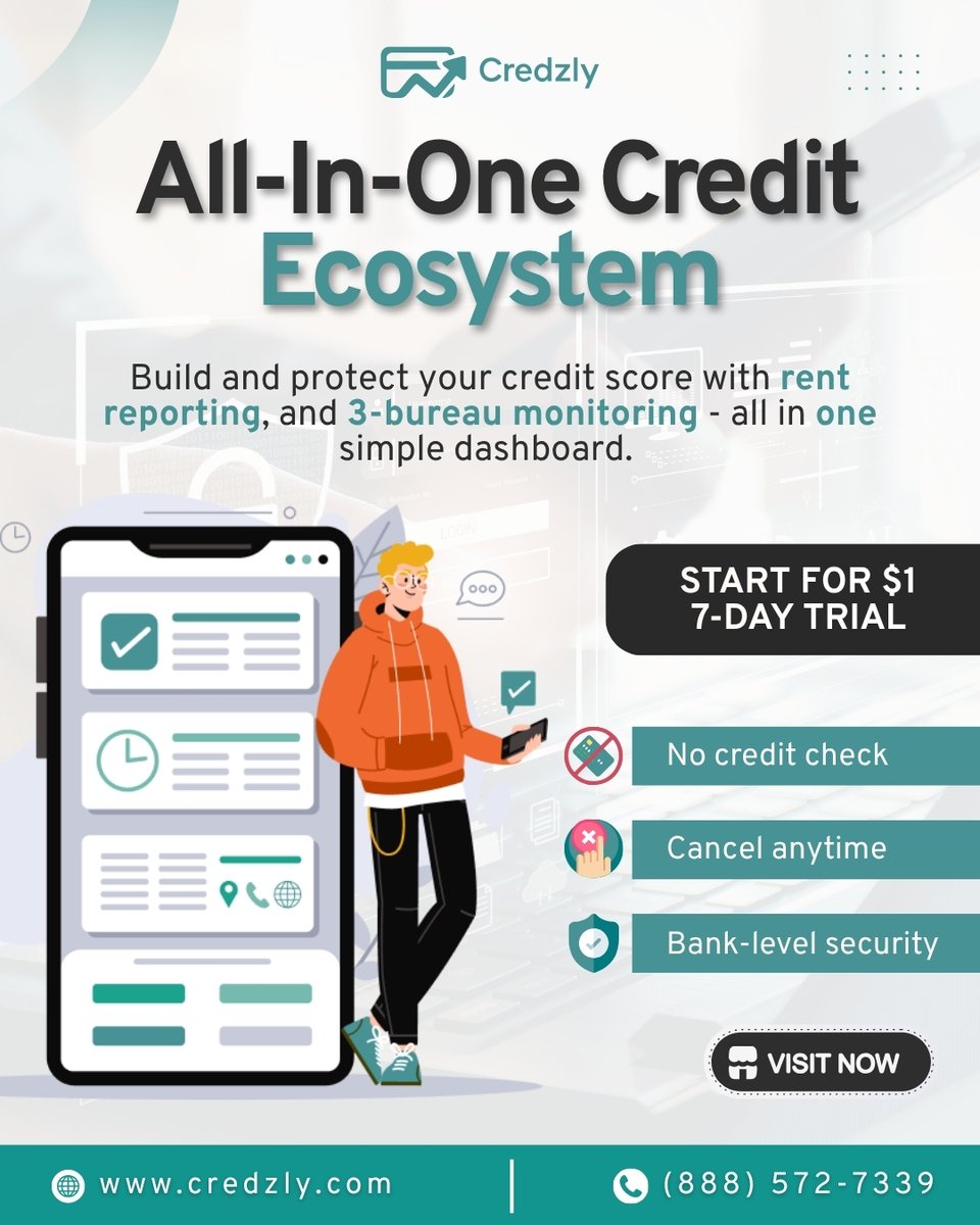 credzly's tweet photo. All-in-one credit ecosystem 💳Build and monitor your credit with rent reporting and 3-bureau monitoring—all in one dashboard.$1 trial • No credit check • Cancel anytime
👉 https://t.co/agLrgUTAV5#Credzly #BuildCreditHistory #CreditMonitoring #PersonalFinance https://t.co/elrR5v2l4q