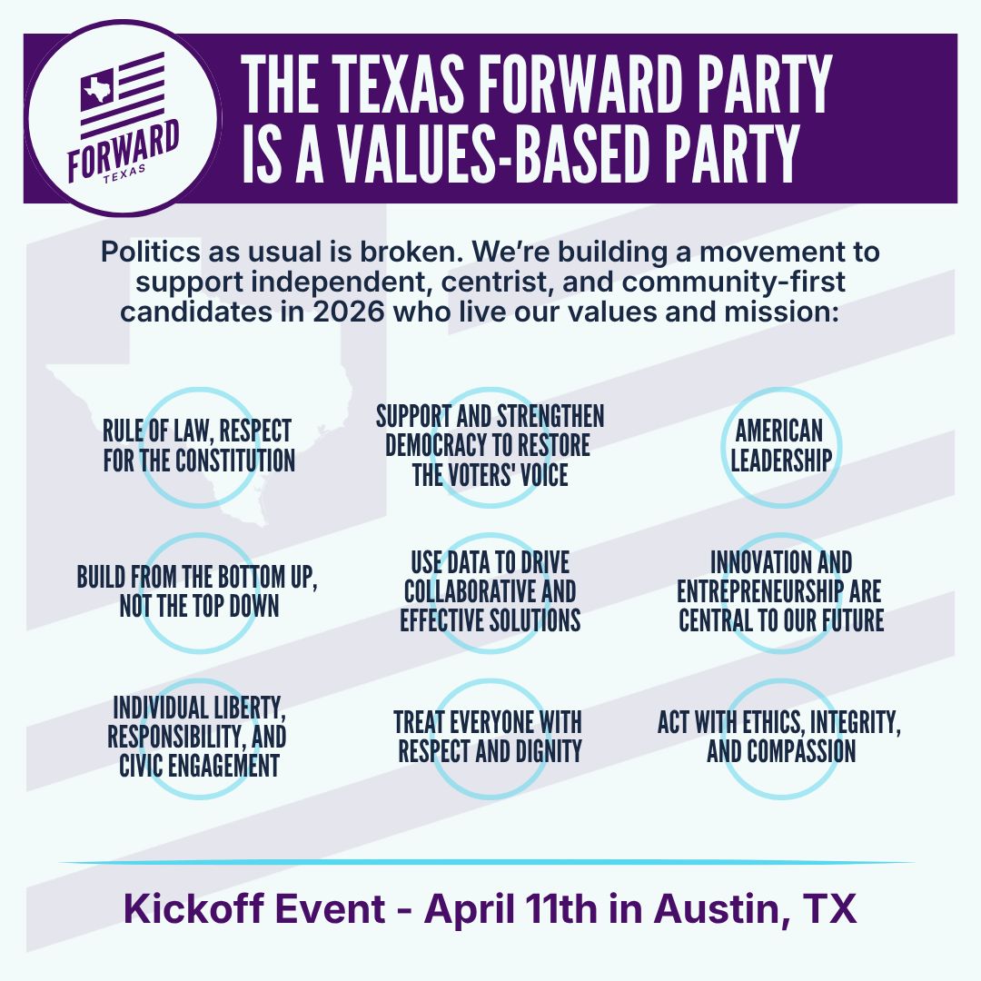Politics as usual is broken. 🛠️ We are lifting up independent candidates who live our values: pragmatism, unity, and local empowerment. #ForwardParty #TexasForward #Grassroots #BottomUp #IndependentThinkers