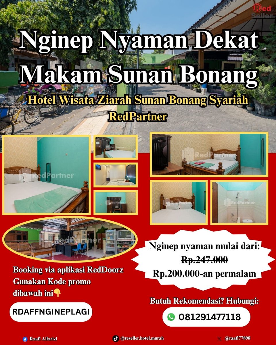 raafi77898's tweet photo. Hotel Wisata Ziarah Sunan Bonang Syariah RedPartner:
✔️ Dekat makam Sunan Bonang
✔️ Nyaman &amp; bersih
✔️ Mulai 200rb-an

💸 Spesial diskon: 📲 Booking via aplikasi #RedDoorz &amp; isi kode promo RDAFFNGINEPLAGI (lebih aman &amp; sering promo). 

Staycation enjoy, RedDoorz pilihan coy https://t.co/g6EUgbEMMB