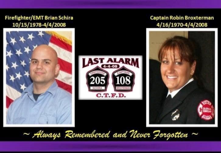 ALWAYS REMEMBERED AND NEVER FORGOTTEN

On April 4, 2008, Colerain Fire Captain Robin Broxterman and firefighter Brian Schira were at a home when the floor collapsed, sending them into the fire that had started in the basement. Broxterman was 37 years old. Schira was 29. 🙏🏽