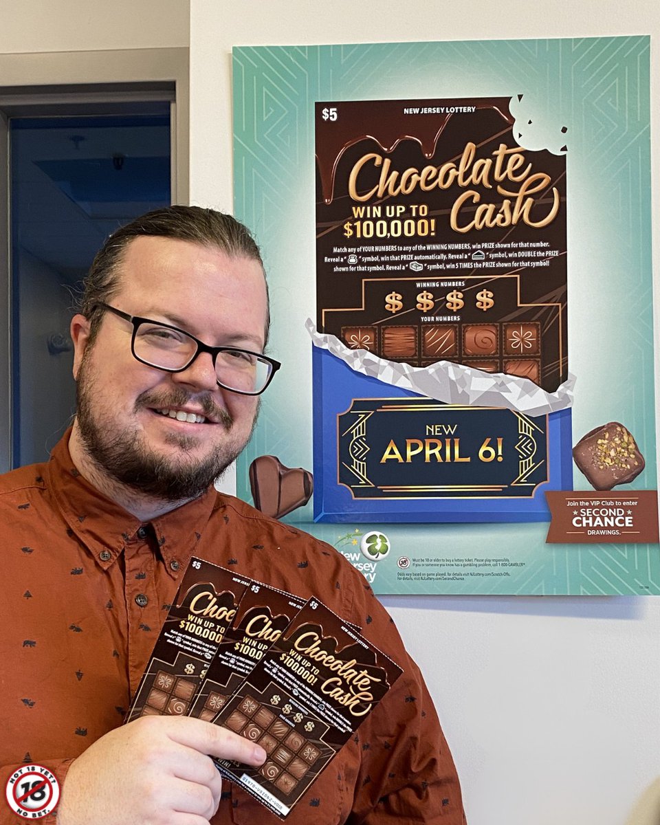NJLottery's tweet photo. April is here! 🌞And something sweet is on the way to your favorite New Jersey Lottery retailer! Check in on Monday for a sweet smelling chance at $100,000! 🍫 For Scratch-Offs game odds, visit https://t.co/LTUjX9ZRRv #ScratchOffsSaturday https://t.co/BjfEX6ldFW
