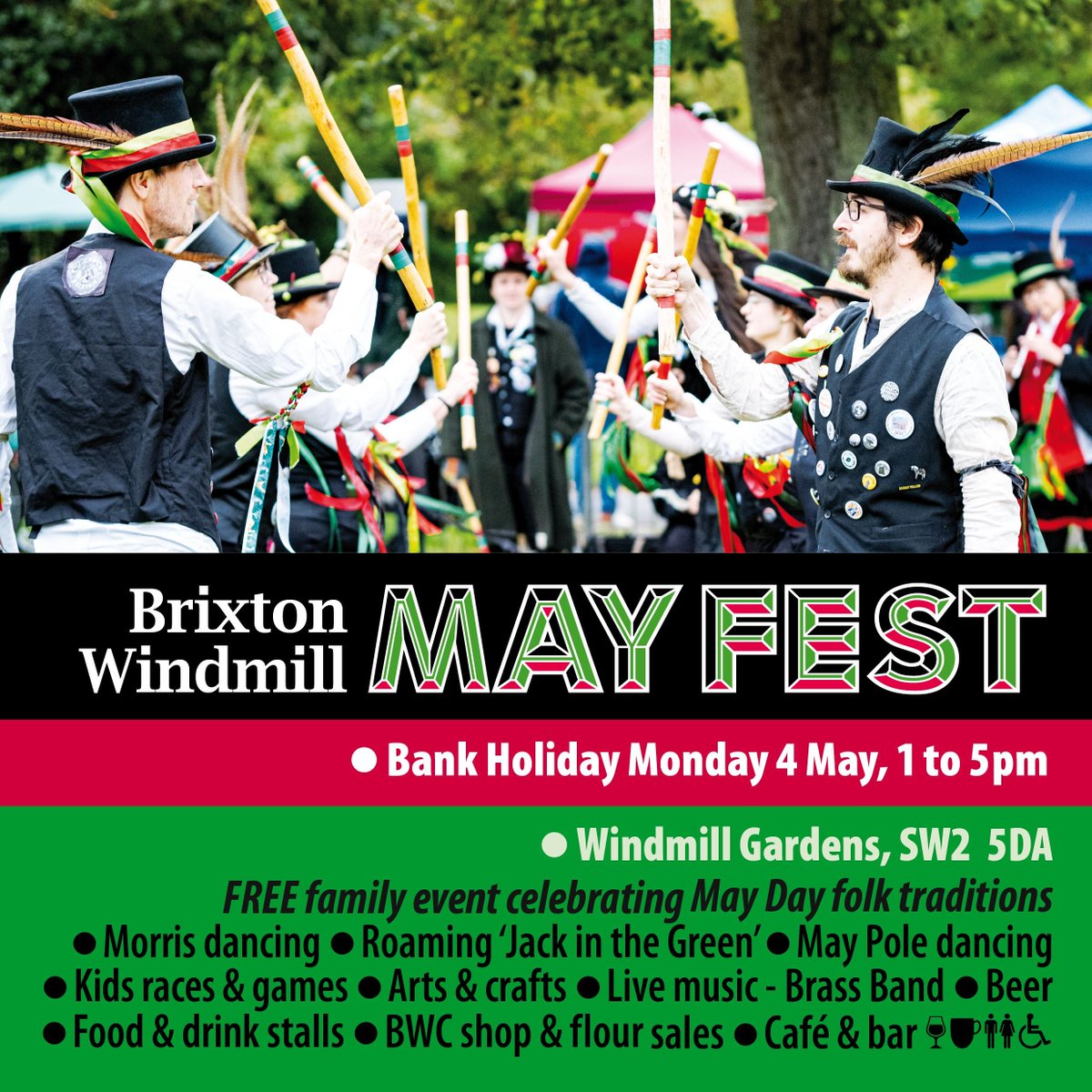brixtonwindmill's tweet photo. This year's Mayfest is only a few weeks away! Join us to celebrate May Day traditions in Windmill Gardens - live music, food, family workshops and Morris dancing. We can't wait! https://t.co/fG659y1Hvr