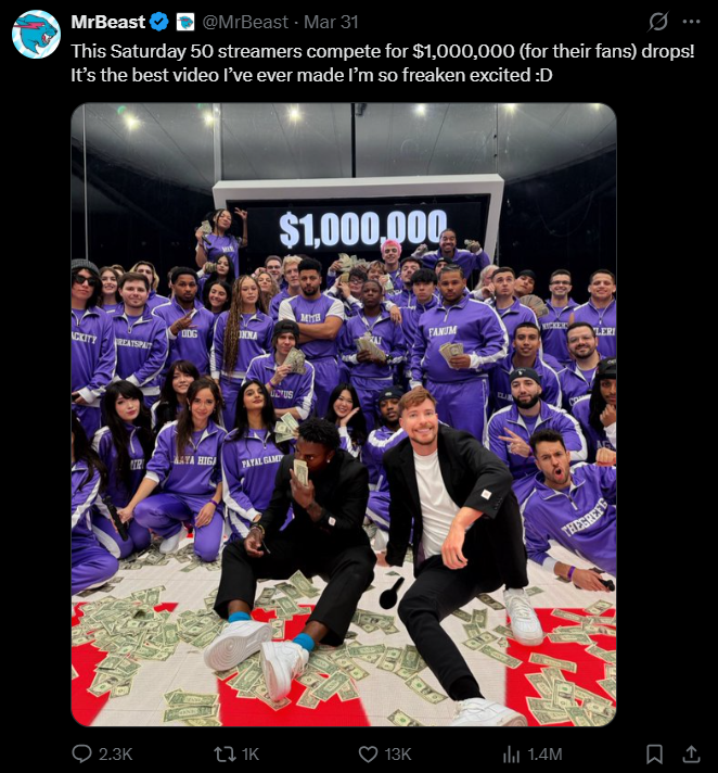 CryptoMoonday's tweet photo. Today MrBeast is dropping a video with 50 streamers competing for $1,000,000. According to him, it’s the best video he’s ever made. 

So... how many views will it get? 🧐

Last time he dropped a similar video with 50 YouTubers, it got ~65M views in 24 hours. It was one of the best-performing videos on his channel.

This one could do really well too but I don't expect anything above 55M.

A few things to note:

- He’s averaging fewer views now than in 2024
- 50 YouTubers likely brought a bigger audience than 50 streamers will
- The 50 YouTubers video dropped mid-summer during a peak performance window

I’ll be watching this market and trading it live. This one could get really interesting 👀