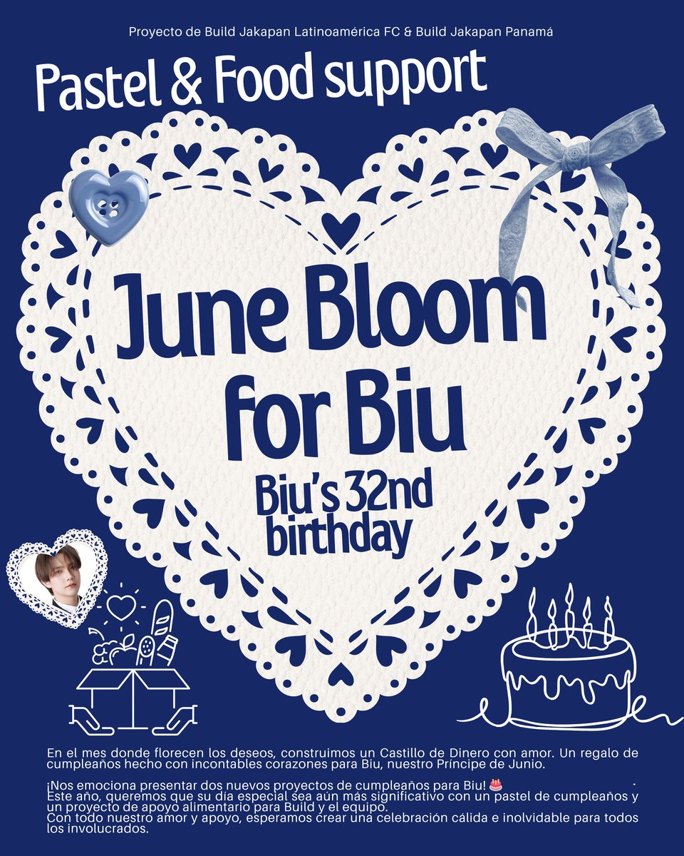 💌June Bloom for Biu.... 
Pastel &amp; Food Support - Biu’s 32nd birthday 💙

A medida que se acerca junio, celebramos no solo el cumpleaños de Biu, sino también un mes muy especial ligado a Build 💙

🔗forms.gle/kj9XjTTVzs9CNR…

Nos alegra presentar dos nuevos proyectos para hacer