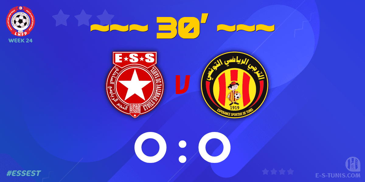 ESTuniscom's tweet photo. ⏱ 30' | #Ligue1Tn🇹🇳 Week 24 #ESSEST | #ESSahel 0⃣-0⃣ @ESTuniscom : Score reminder / تذكير بالنتيجة / Rappel du score https://t.co/ZO3QWZ6swU