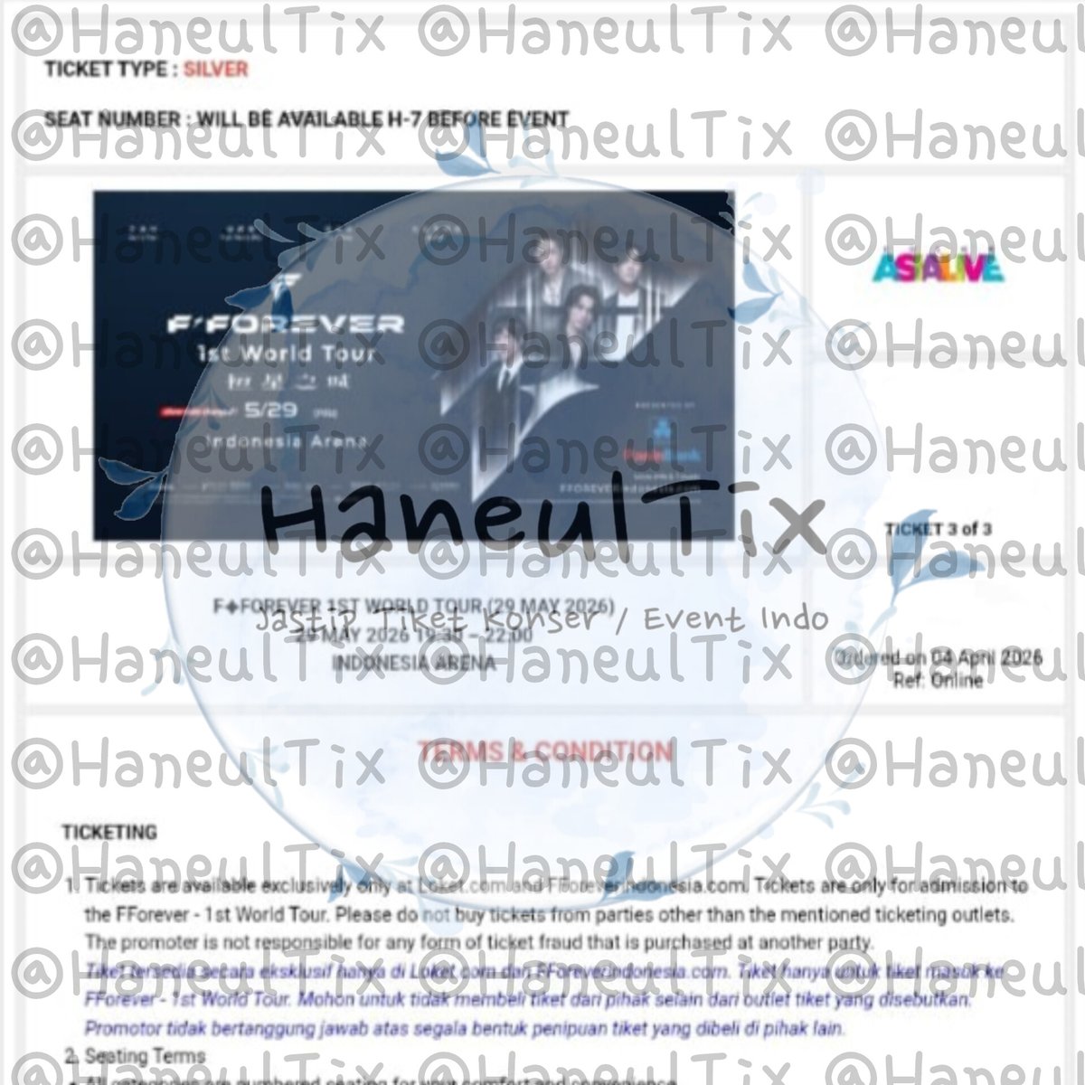 PROOF E-VOUCHER FFOREVER 1st WORLD TOUR IN JAKARTA

CAT SILVER - 3 TIX
#fforever #f4 #FFOREVER_1ST_WORLD_TOUR_IN_JKT
#proofhaneultix