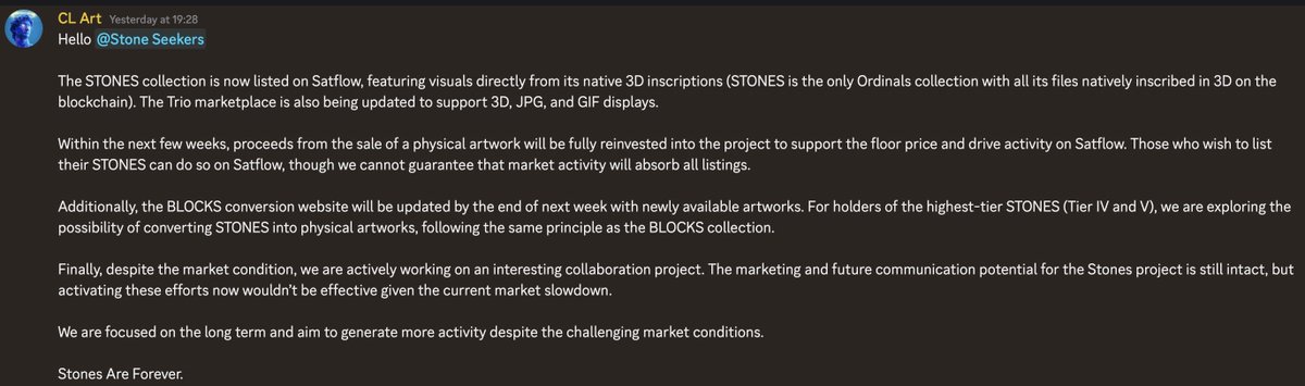 The STONES collection by <a href="/cl_art_studio/">CL Art Studio</a> (Léo Caillard) is now live on <a href="/Satflow/">Satflow</a>. It remains the only Ordinals project with 100% native 3D inscriptions on-chain.

The team is implementing a physical artwork reinvestment model to support floor liquidity, plus a conversion path for