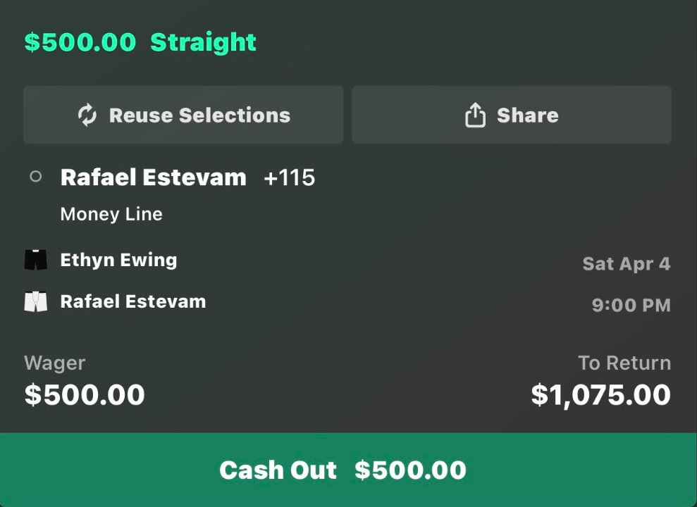 GrindingEddie's tweet image. Sat Apr 4

#UFCVegas115:

Melissa Gatto +100
Rafael Estevam +115
Virna Jandiroba -124
Thomas Petersen -118
Duncan/Moicano U-2.5 -125