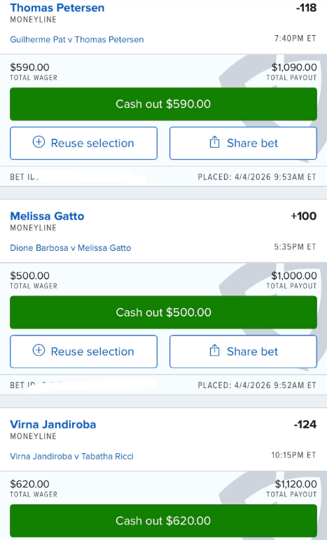 GrindingEddie's tweet image. Sat Apr 4

#UFCVegas115:

Melissa Gatto +100
Rafael Estevam +115
Virna Jandiroba -124
Thomas Petersen -118
Duncan/Moicano U-2.5 -125