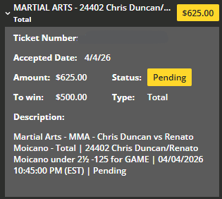 GrindingEddie's tweet image. Sat Apr 4

#UFCVegas115:

Melissa Gatto +100
Rafael Estevam +115
Virna Jandiroba -124
Thomas Petersen -118
Duncan/Moicano U-2.5 -125