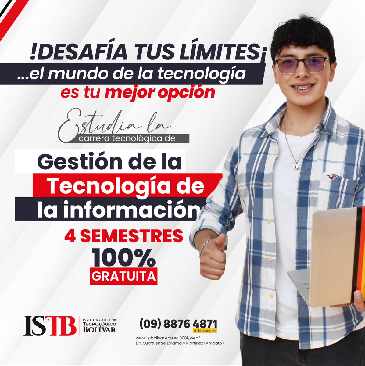 🇪🇨El Gobierno de #ElNuevoEcuador construye un futuro de oportunidades en la Educación Superior #SomosBolívar estudia con nosotros la carrera de:

✅ Gestión de la Tecnología de la Información 

Postula del 3 al 7 de abril  en la página registrounicoedusup.gob.ec