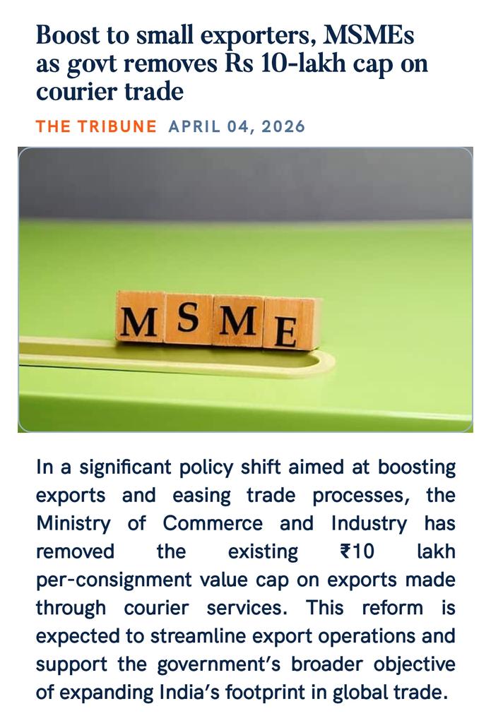 manavshah01's tweet photo. Boost to small exporters, MSMEs as govt removes Rs 10-lakh cap on courier trade
https://t.co/nlzanTzSbE

via NaMo App https://t.co/IrFKumtRZ3