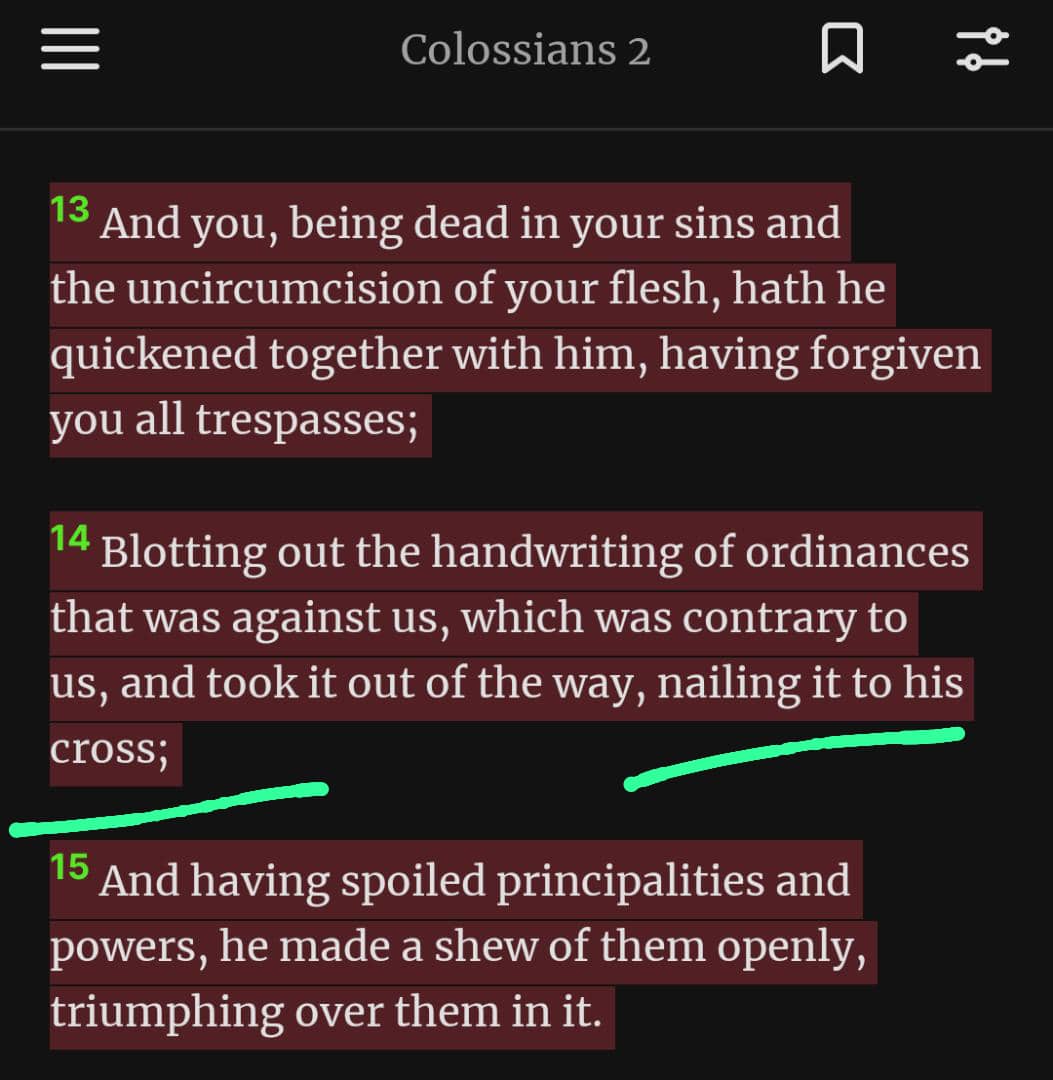 “...nailing it to His cross.”

It wasn’t just a cross, it was the cross.
And the cross was His cross. He, by Himself, nailed it to His cross. Mehn!

I began looking at these verses yesterday, and I was like, Jesus literally gained infinite aura points at that moment.