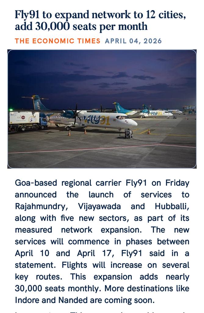 manavshah01's tweet photo. Fly91 to expand network to 12 cities, add 30,000 seats per month
https://t.co/3sBdy0VnPb

via NaMo App https://t.co/3buPKZ7jm6