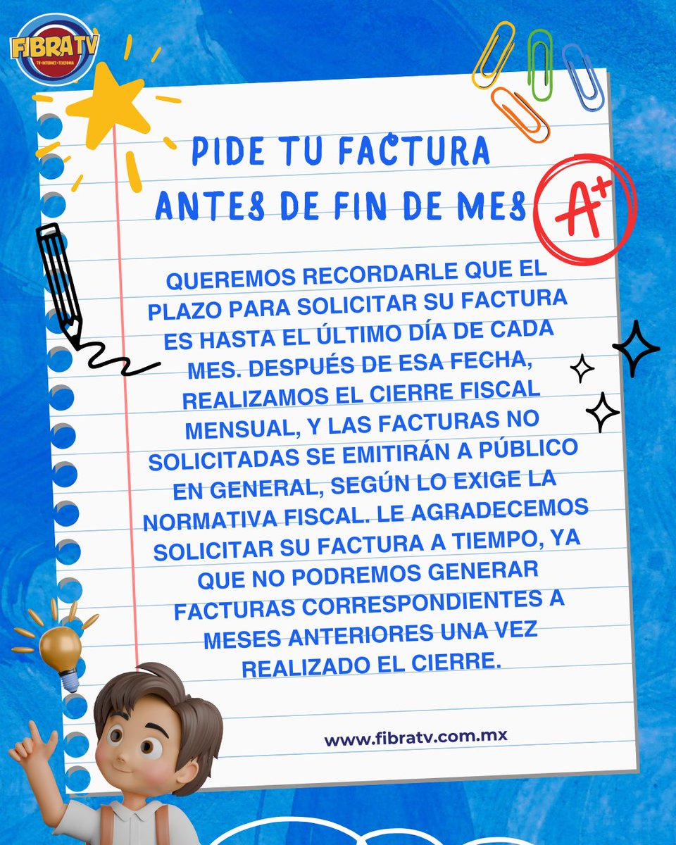 FibratvQro's tweet image. 📢 Reminder: ¡no olvides tu factura!
🗓️ Tienes hasta fin de mes para solicitarla
 ⚠️Después se emite como Público en General
💡 Tip: revísala y pídela a tiempo
#FIBRATV #Factura #Tips