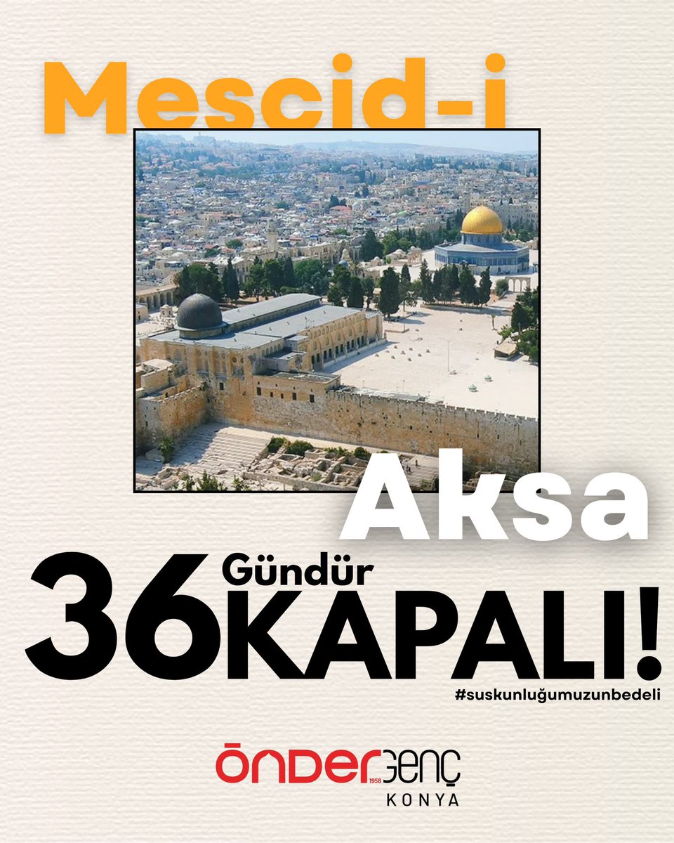 Aksa’mız 36 gündür işgalciler tarafından kapalı! 
Suskunluğumuz zalime cesaret veriyor, kutsalımız çiğneniyor!

#suskunluğumuzunbedeli #kutsalımızçiğneniyor #mescidiaksa