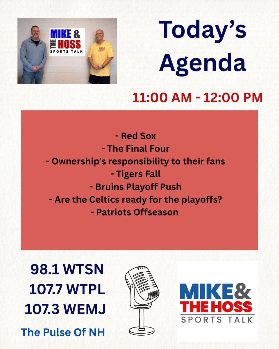mikeandthehoss's tweet image. Happy Mike &amp;amp; The Hoss Saturday! We will be LIVE at 11:00 AM on @thepulseofnh! 

If you answer today’s trivia question correctly, you could win yourself a Bailey’s Bubble gift card! 

#sportstalk #newengland #celtics #baileysbubble #tigerswoods #redsox