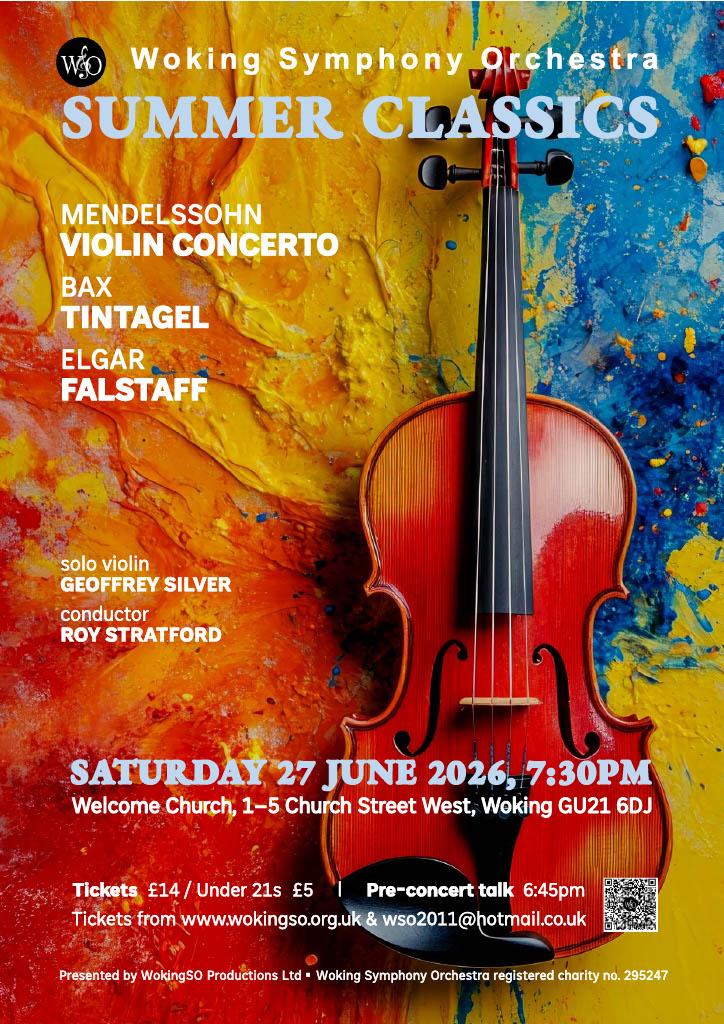 Wokingso's tweet photo. We are very excited to announce the final concert of our 2025/26 season, Summer Classics. ☀️ Featuring Bax's Tintagel, Elgar's Falstaff (which Elgar himself considered to be his finest orchestral work), and Mendelssohn's brilliant Violin Concerto. 🎻 https://t.co/mAk0Nbfi0Z