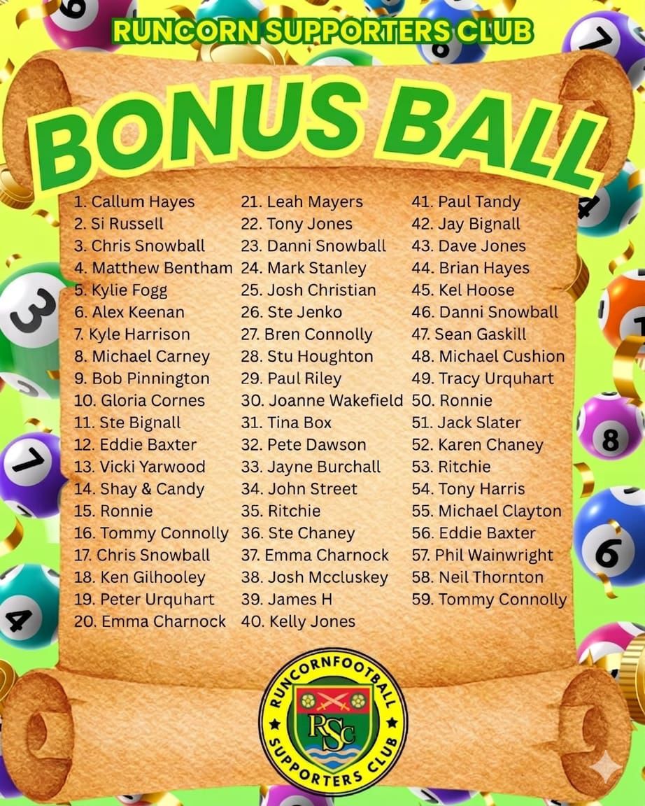 RuncornSuppClub's tweet photo. 🎱🎰 | Tonight is our first bonus ball competition. If you have bought a ball you will find your name alongside your ball in tonight's draw in the below poster.

Good luck all 🤞 https://t.co/3UXHGBR30Y