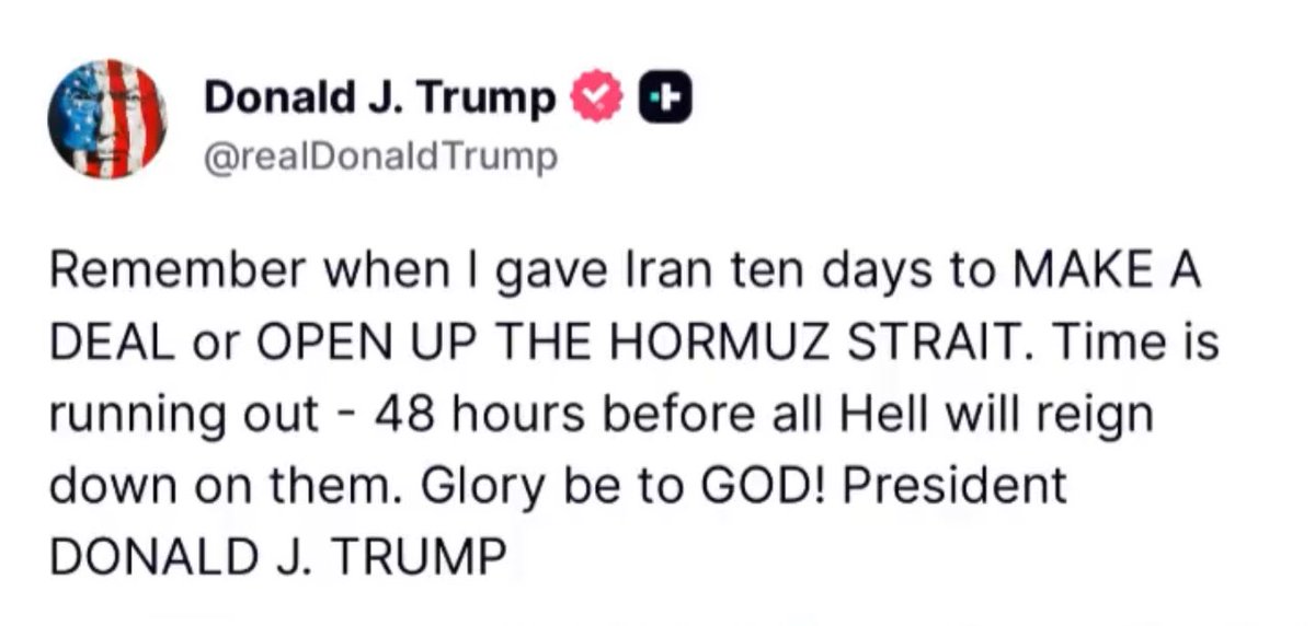 Trump reminds Iran “48 hours left”

Time is running out

Make the deal or open Hormuz Strait

Or get sent to Flintstone