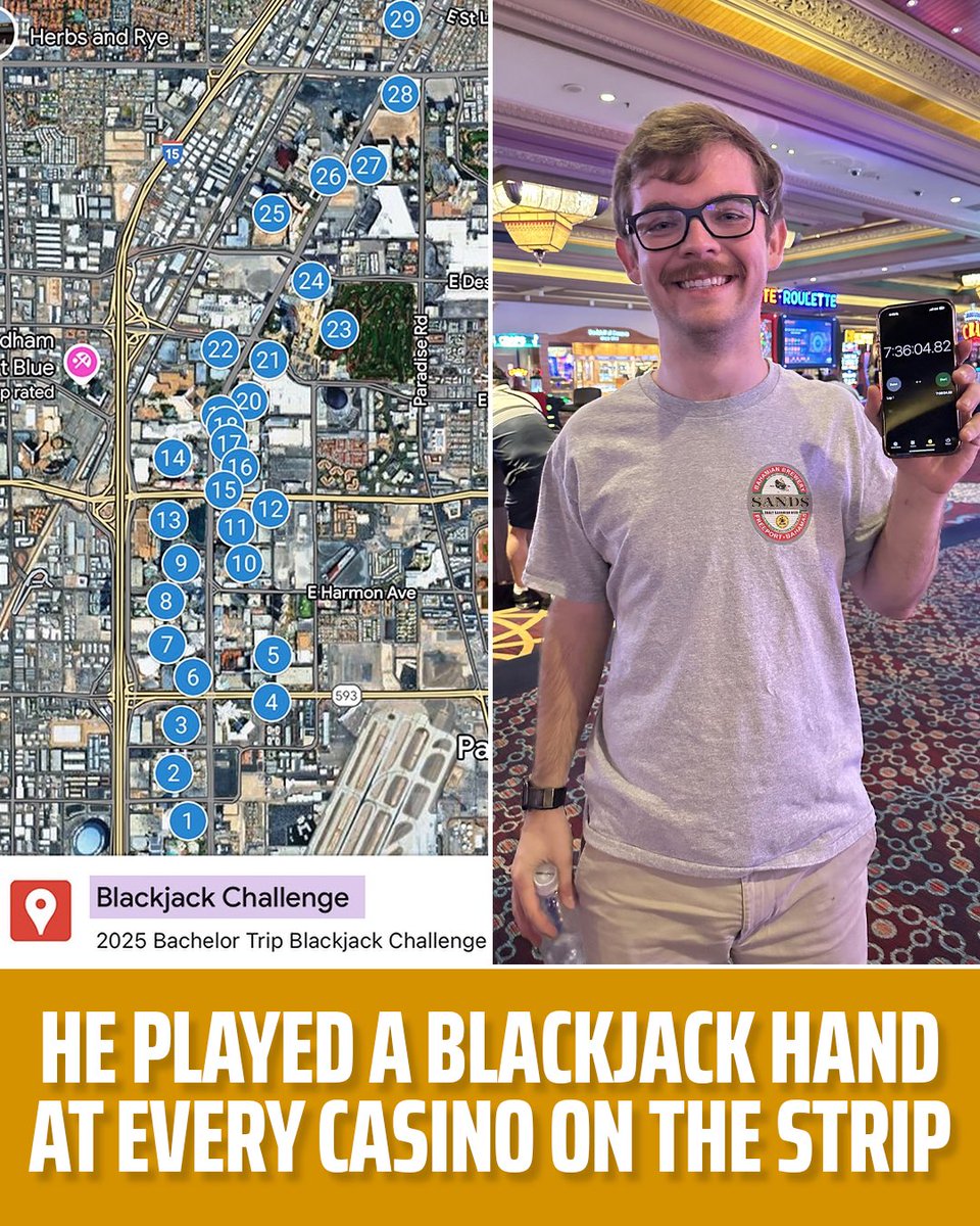 DKCasino's tweet photo. Imagine playing a hand of Blackjack at every casino on the Las Vegas Strip?

@HaganMathis undertook the challenge last July 

How do you think he did? The results are threaded 🤔 https://t.co/9cuOvJk7YA
