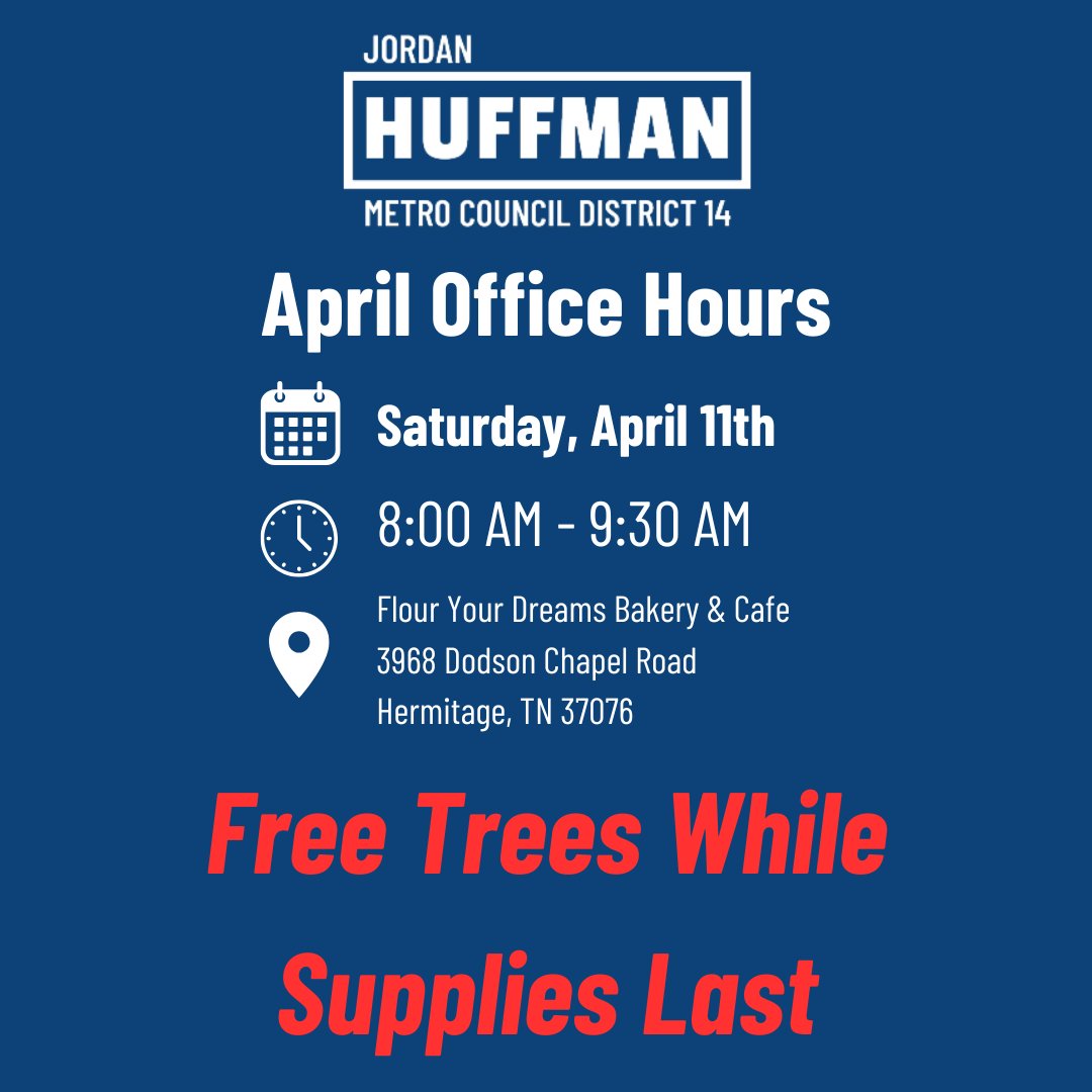 JordanHuffman's tweet photo. Did you lose a tree during the ice storm?

I’ll have free dogwood trees available during my office hours next Saturday while supplies last. Stop by Flour Your Dreams Bakery from 8:00 to 9:30 AM to pick one up, say hello, and share any questions or concerns. https://t.co/zdL7C639Hv