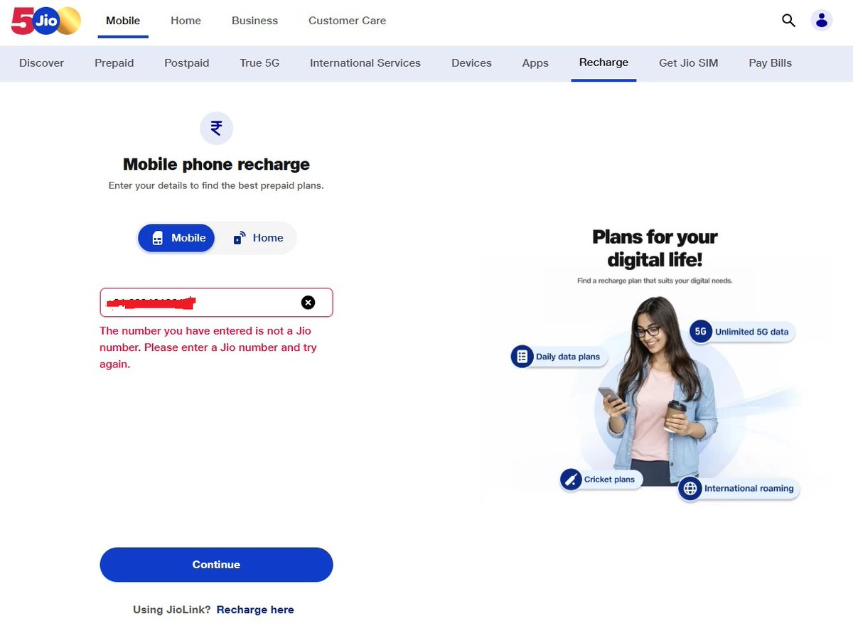 amit_nml's tweet photo. @JioCare @JioCare this is the issue I am facing i.e. when proceeding for recharge by putting my jio number, i am receiving message as "The number you have entered is not a jio number. Please enter a jio number and try again." (refer below screenshot). Seems it is deactivated. https://t.co/tcGdjuJ1DS