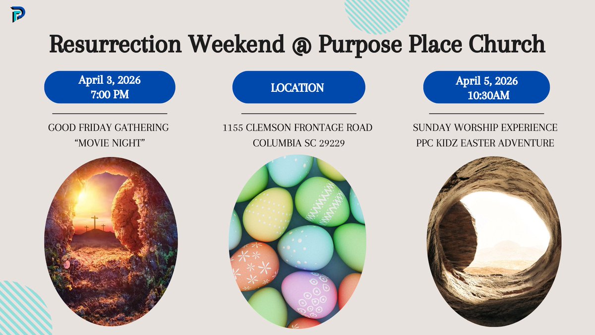 PurposePlace23's tweet photo. Happy Resurrection Weekend! “God we worship you!! Join us as we continue our journey to Easter Sunday @ Purpose Place Church-Columbia! 
#PurposePlace #Church #Resurrection #April5th https://t.co/twBXVxhpCK