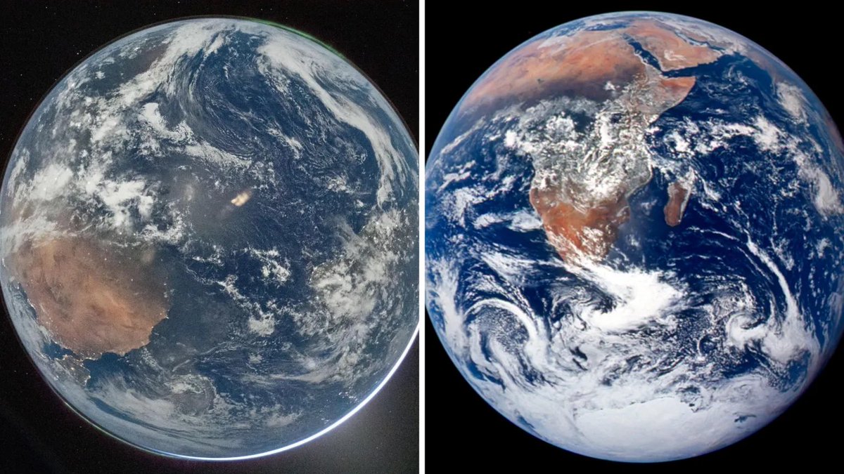 dssiraj's tweet photo. Then and now: Earth, as seen in 1972 (right) and 2026 (left) https://t.co/wiX77d2Y20