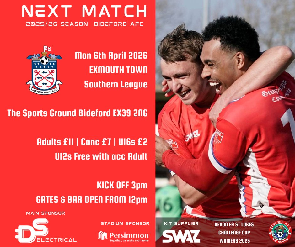 𝗡𝗲𝘅𝘁 𝗠𝗮𝘁𝗰𝗵 ⚽️

Big Bank Holiday Monday Devon Derby in the <a href="/SouthernLeague1/">The Pitching In Southern Football League</a> as we welcome <a href="/ExmouthTown_FC/">Exmouth Town FC</a> to The Sports Ground. 3pm KO.

Pay at the turnstiles | Cash or Card 

Adults £11, Concessions £7
U16s £2, U12s Free with accompanying adult.