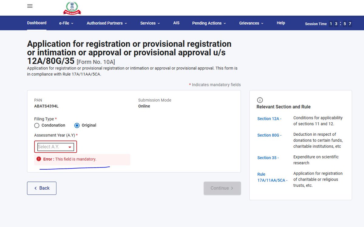 psusanthp's tweet photo. Dear @IncomeTaxIndia 
to apply provisional registration under 12A and 80G, System not working, please see sir https://t.co/OUWe6SBnnl