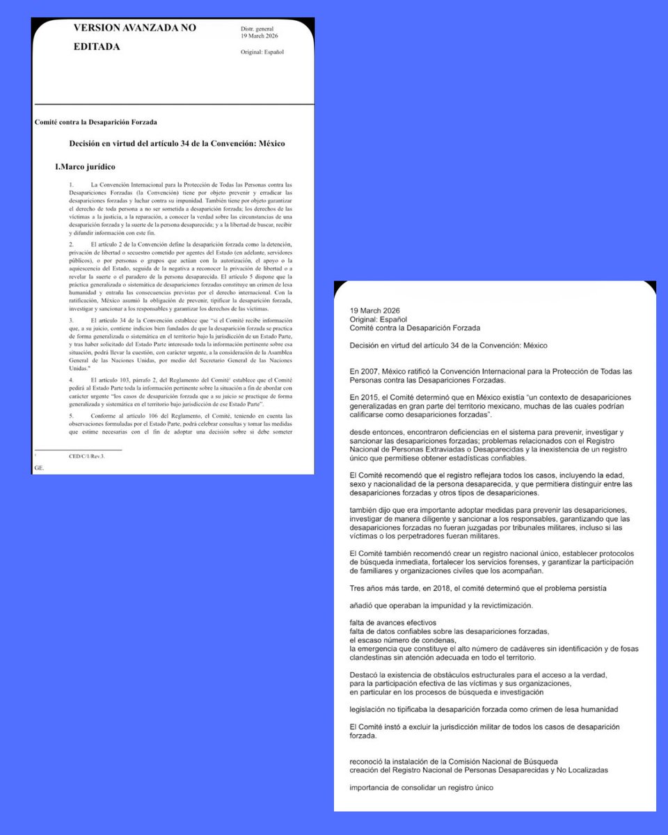 Ante la inacción de su propio Estado, más de 800 personas le han pedido a la Organización de Naciones Unidas adopte medidas urgentes. Un Comité de la ONU ha indagado en los casos. Resumí ese informe que indica que el número de personas desaparecidas, la crisis forense y la