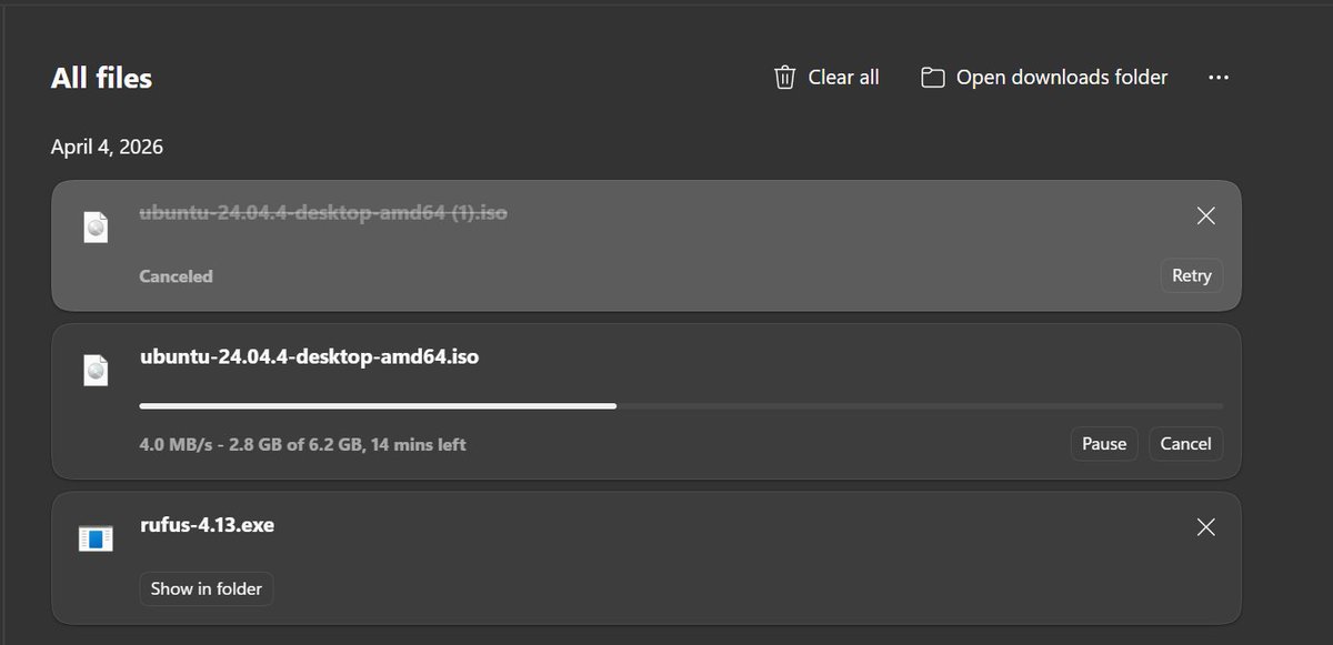 mrprayag077's tweet photo. @MicrosoftEdge suggestion: While downloading large files (e.g., 6GB), accidental cancel clicks are painful 😓 Lost 3GB progress today. Can you add a confirmation popup before canceling downloads? Destructive actions should have confirmation to prevent false clicks. https://t.co/JCJ6VVudt8