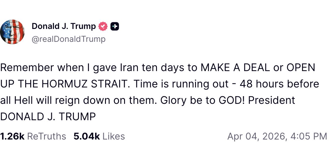 Trump says time is "running out" for Iran and that there are "48 hours before all hell will reign down on them"
