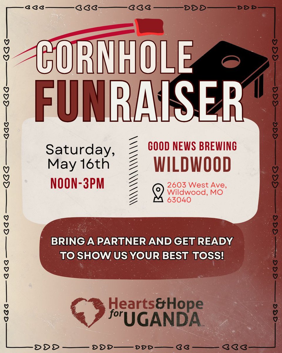 Join us for the Hearts &amp; Hope Cornhole FUNraiser!

🗓️Details:
When: Saturday, May 16th

Time: Noon – 3 PM

Where: Good News Brewing (2603 West Ave, Wildwood, MO)

🔗 Register Now:
Space is limited, so grab your partner and RSVP at the link below:
👉 form.jotform.com/260693586440161