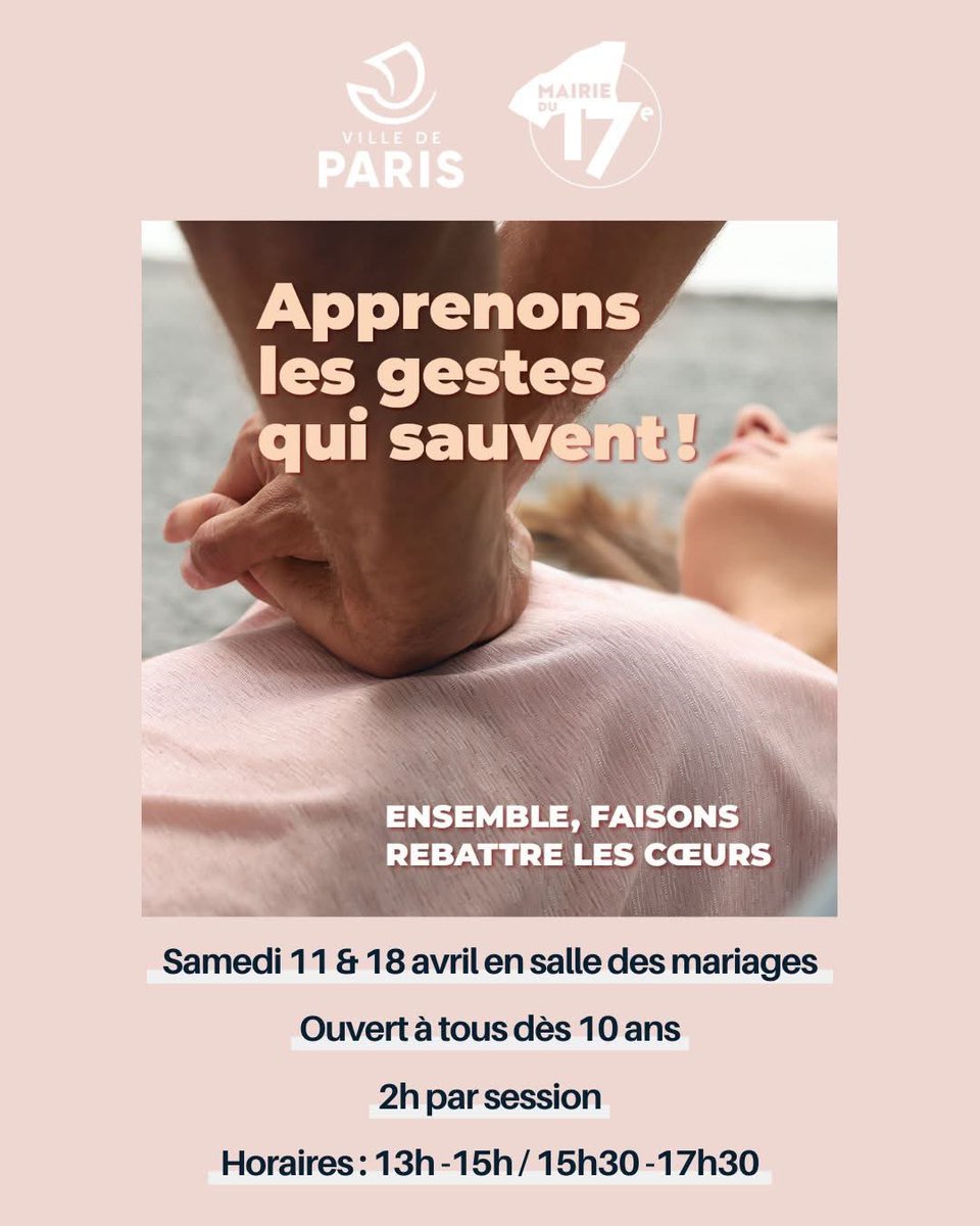 Mairie17's tweet image. Samedi 11 et 18 avril, participez à des sessions GRATUITES de formation aux gestes qui sauvent :

🕐 13h - 15h / 15h30 - 17h30

⏳ 2h de formation

👥 Ouvert à tous dès 10 ans

Inscrivez-vous ici : urlr.me/CYQZAy. ✅

#Paris17 #Santé #Prévention