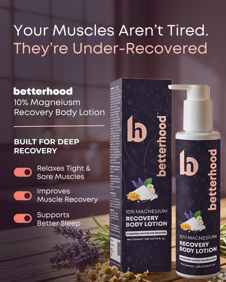 betterhood_in's tweet photo. Sore all the time? That’s not progress. That’s poor recovery.
You don’t grow in the gym. You rebuild after it.

betterhood Magnesium Recovery Body Lotion helps your body relax, repair, and actually keep up.
Train hard. Recover smarter.

#betterhood #RecoveryFirst #MuscleRecovery #TrainSmart