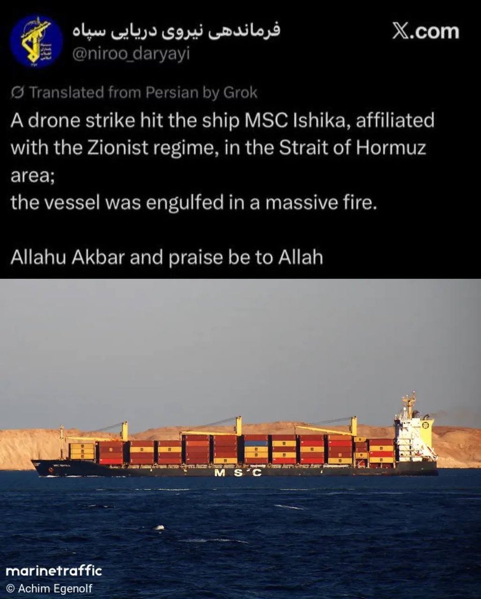 #Irán  || Barco MSC Ishika, afiliado a Israel, fue impactado por un dron, causando un fuerte incendio, cuando navegaba por el estrecho de Ormuz, aseguró la Guardia Revolucionaria.