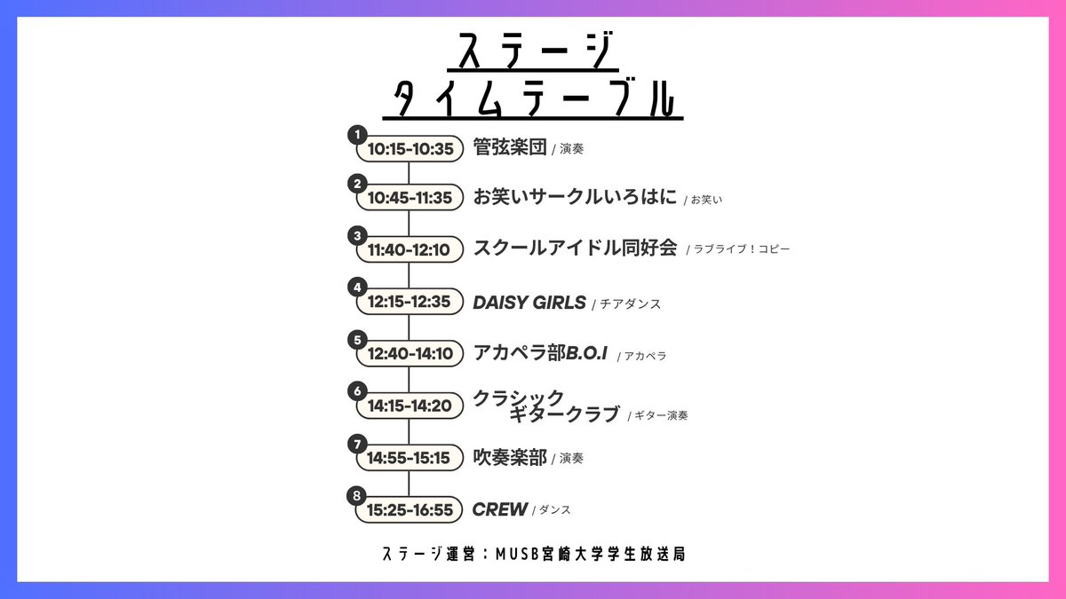 MUSB_official's tweet photo. 4/12（日）に宮崎大学新歓祭が開催されます！
こちらでは330ステージ発表のライブ配信を実施します！
ぜひご覧ください✨

https://t.co/rPkBbrmHhh https://t.co/6ed4P9dIii