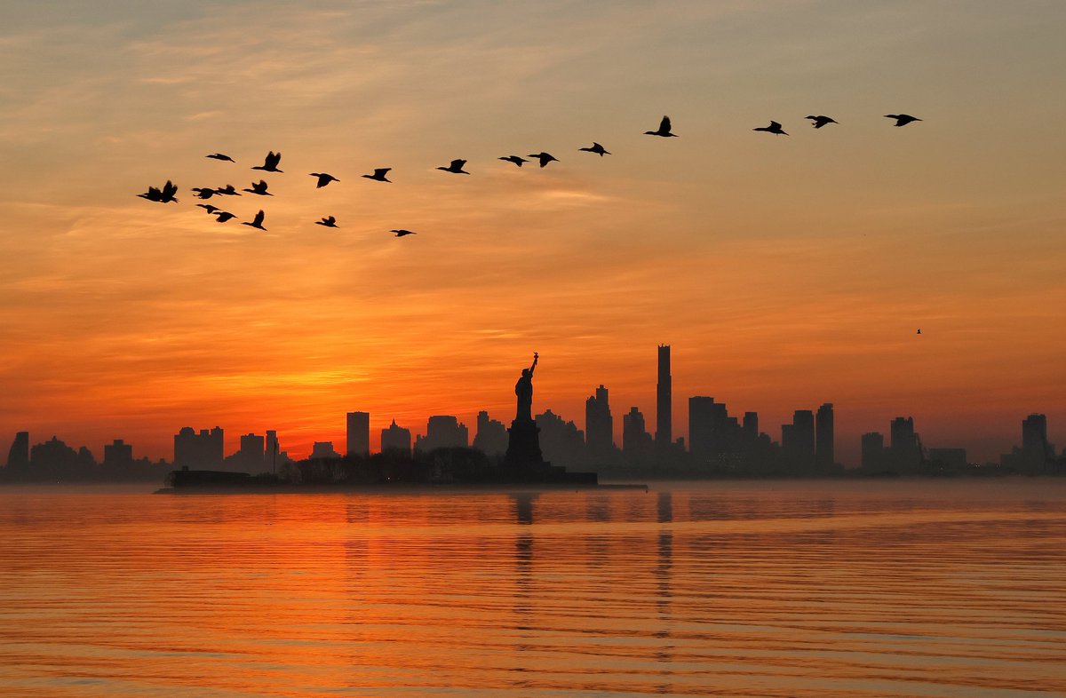 GaryHershorn's tweet photo. The sun rises behind the Statue of Liberty and the skyline of Brooklyn in New York City, Saturday morning #nyc #newyork #NewYorkCity #sunrise #statueofliberty @statueellisfdn https://t.co/28AX25fD0F