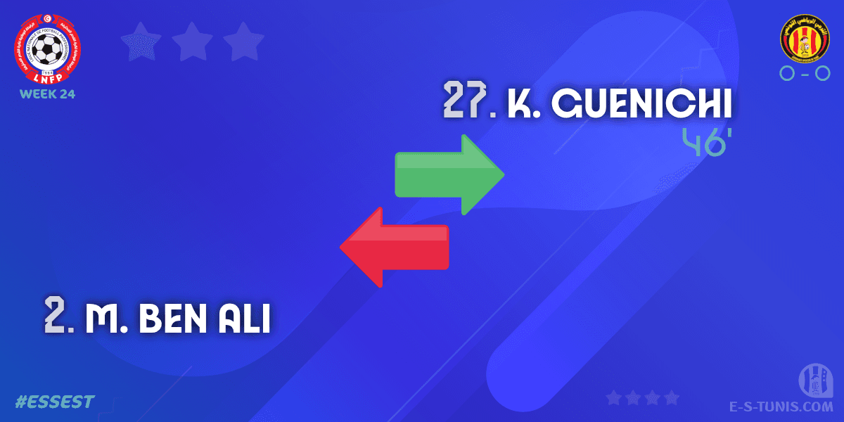 ESTuniscom's tweet photo. ⏱ 46' | #Ligue1Tn🇹🇳 Week 24 #ESSEST | #ESSahel 0⃣-0⃣ @ESTuniscom : 🔁 Substitute (EST): K. Guenichi IN ↔ M. Ben Ali OUT / تغيير / Changement https://t.co/L9JLJtyjHO