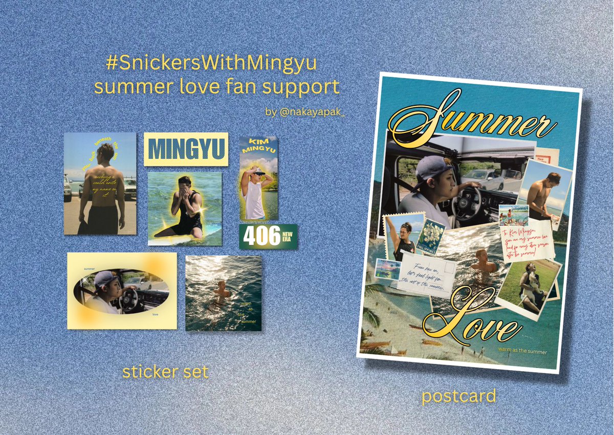 nakayapak_'s tweet image. ok final na 
mingyu summer love fan support by @nakayapak_
for #SnickersWithMingyu fan meet  𓂃 ོ⋆☀︎𓂃  
𖤓 strictly 1:1, limited qty 
𖤓 loc tba 
𖤓 open for trades