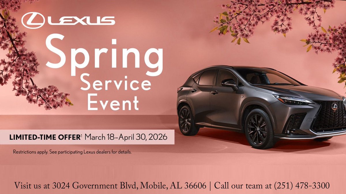 LexusofMobile's tweet photo. ✨ Fill your spring with savings, during our Spring Service Event! 

✅ Get $150 Off 4-New Eligible Tires
✅ Get $75 Off 2-New Eligible Tires
✅ Complimentary Multi-point Inspection 
✅ and more! 

📲 Call our team at 800-355-3987 today https://t.co/85xB5MVBds