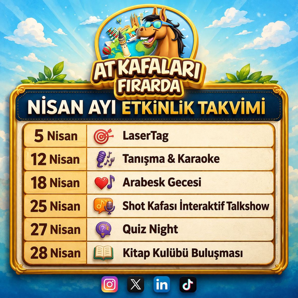 kimbuatkafalari's tweet image. Şimdiden takvimlerimizi ayarlayalımm 🥳
Efsane bir Nisan ayı bizi bekliyor 🤩

#kimbuatkafalari
#atkafalarifirarda
#EventPlanning 
#Events 
#AprilforApril 
#aprilmonth 
#Aprilus2026 
#cumartesi