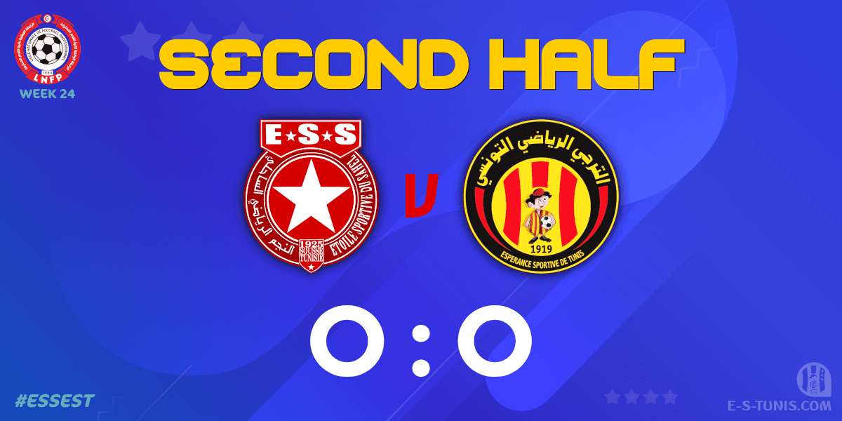 ESTuniscom's tweet photo. ⏱ 46' | #Ligue1Tn🇹🇳 Week 24 #ESSEST | #ESSahel 0⃣-0⃣ @ESTuniscom : The second half kicks off / بداية الشوط الثاني / Coup d'envoi de la seconde période https://t.co/WiPubr3MTI