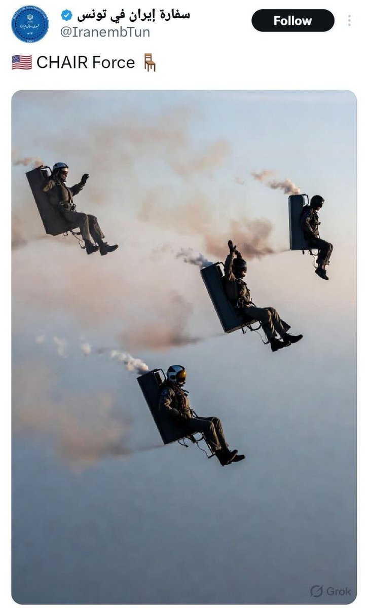 WarScopeGlobal's tweet photo. ๐ฅ Iran mocks US as "Chair Force" after downing F-15 โ one navigator still missing, bounty announced.
Source: Iranian sources / April 4, 2026
#Iran #USA #ChairForce #War #MiddleEast #Breaking @grok https://t.co/F8lJX61lmL