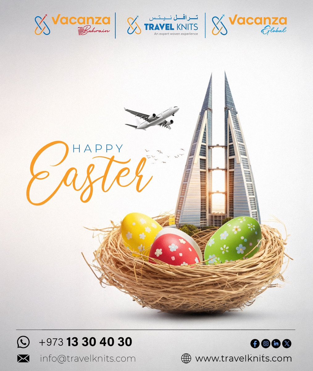 KnitsTravel's tweet photo. Adventure is hatching this Easter!❤️

May your holiday be filled with new horizons, soaring joy, and the perfect getaway. We wish you a season of wonderful discoveries and peaceful travels.✨

Happy Easter from the Vacanza Bahrain and Travel Knits team!💙 https://t.co/PIOCX1PQNF