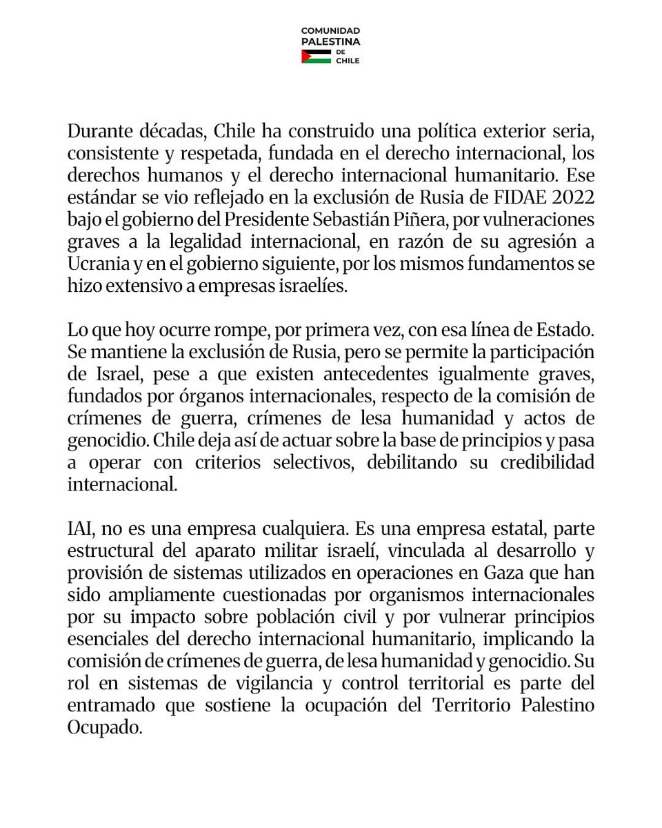 ComPalestinaCL's tweet photo. Declaración Pública 

Comunidad Palestina de Chile condena participación de empresas israelíes en FIDAE 2026. https://t.co/ldocm5Otsx