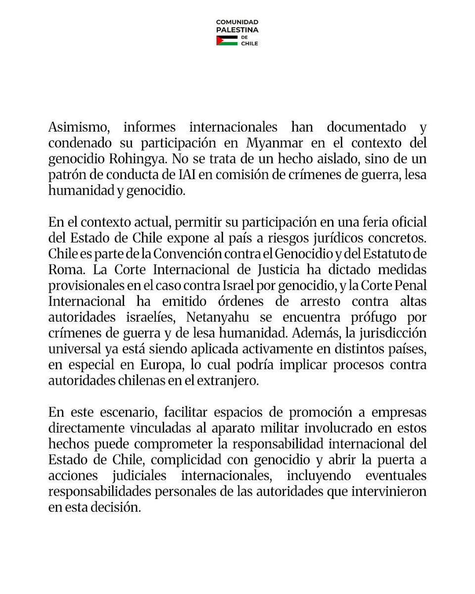 ComPalestinaCL's tweet photo. Declaración Pública 

Comunidad Palestina de Chile condena participación de empresas israelíes en FIDAE 2026. https://t.co/ldocm5Otsx