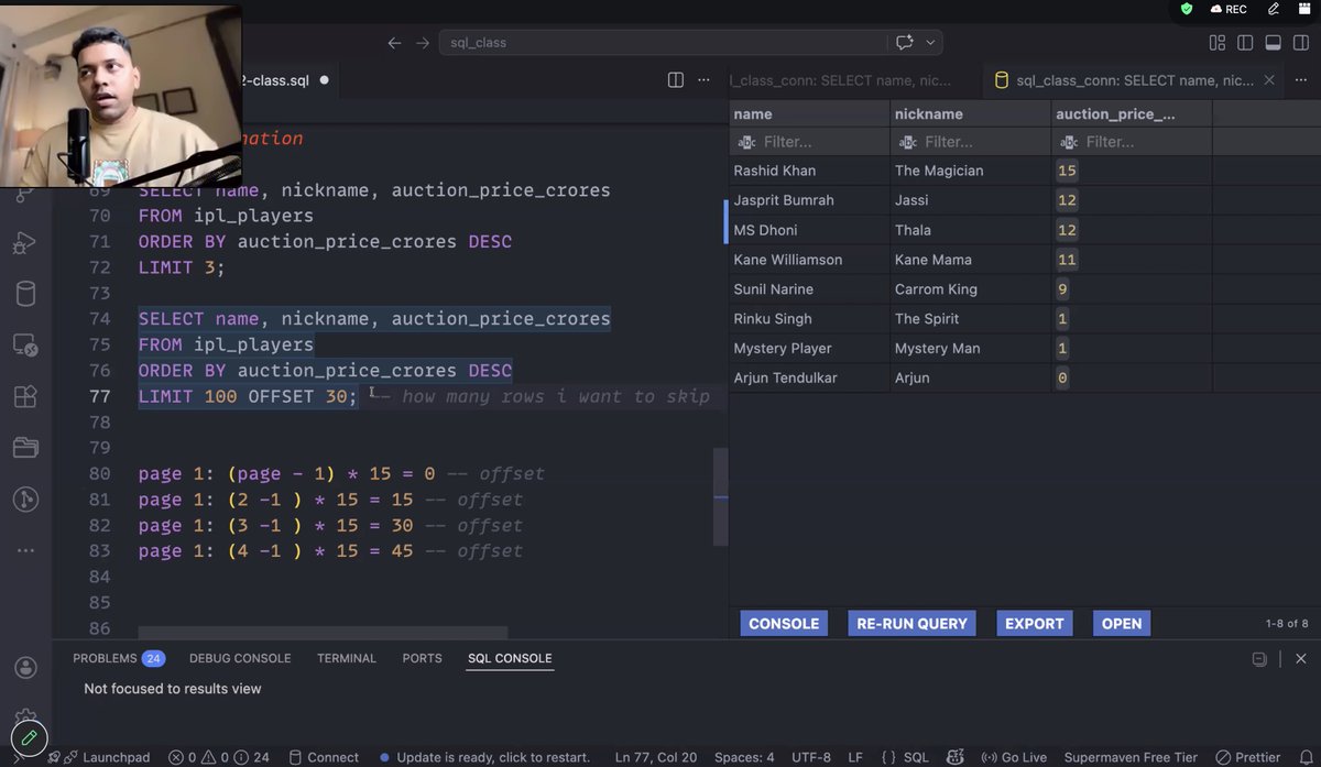 devwithjay's tweet image. 𝗗𝗮𝘁𝗮 𝘀𝗶𝗱𝗲 𝗯𝗲𝗴𝗶𝗻𝘀 📊

• Creating databases and tables
• Inserting and selecting data
• Filtering records
• UPDATE table
• DELETE with WHERE
• ALTER TABLE operations
• DISTINCT, sorting, LIMIT, OFFSET
• Aggregations
• GROUP BY

#DBMS #SQL #Backend #ChaiCode